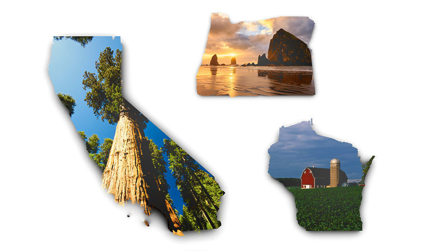 9. California, Oregon, Wisconsin
